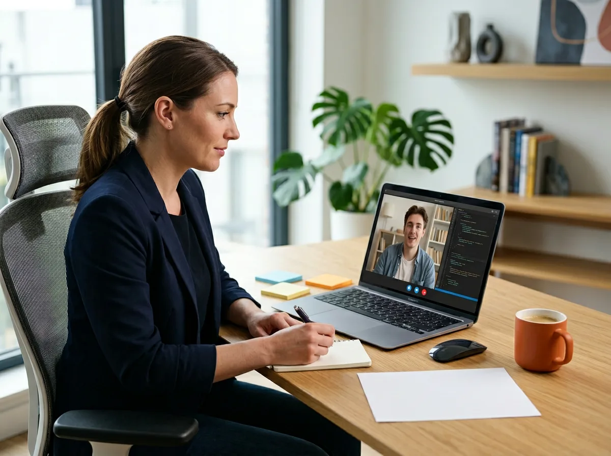 KORE1 technical recruiter conducting a Scala developer screening session via video call with code editor and candidate technical notes visible on screen