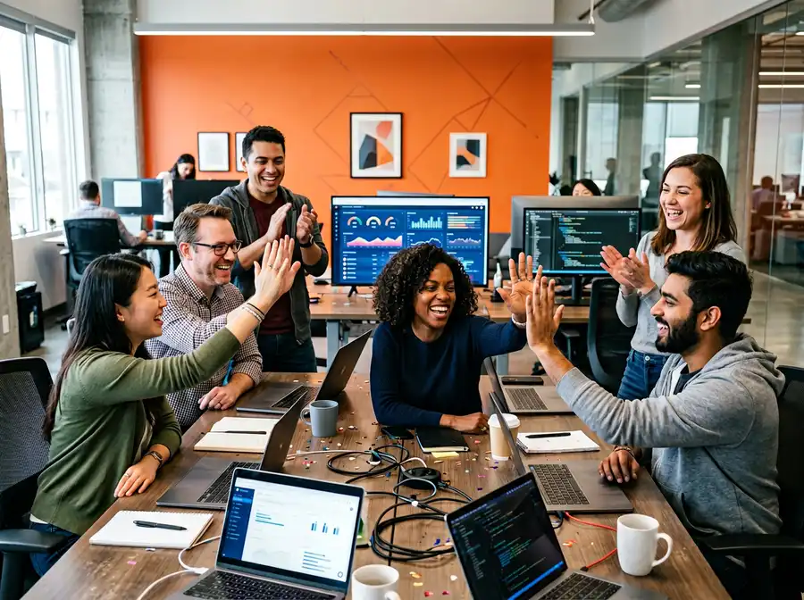 Scala engineering team celebrating a successful distributed system launch in a bright modern tech office with orange accent decor