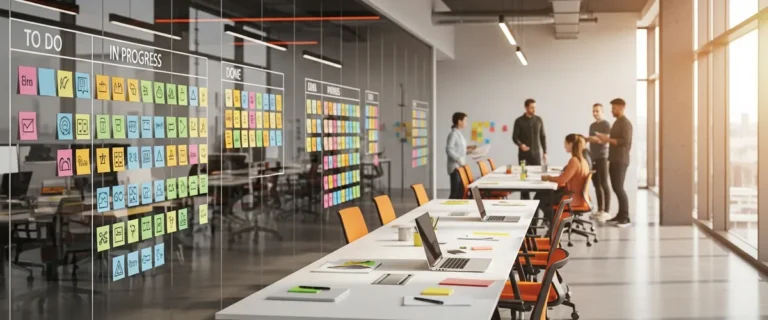 Modern agile workspace featuring a glass kanban board with sticky notes and a software development team collaborating in the background