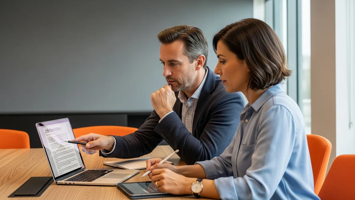 Hiring manager and HR partner reviewing and editing a Scrum Master job description on a laptop in a conference room