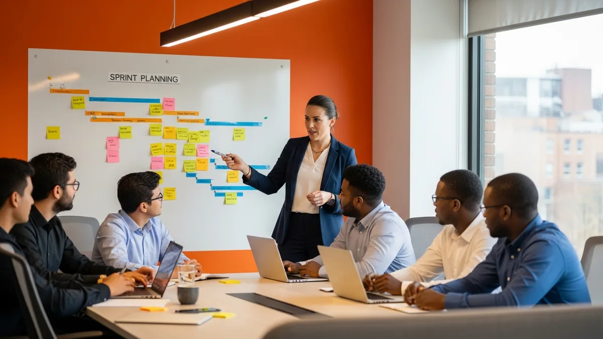 Scrum Master facilitating a sprint planning session with a development team around a kanban board in a modern tech office