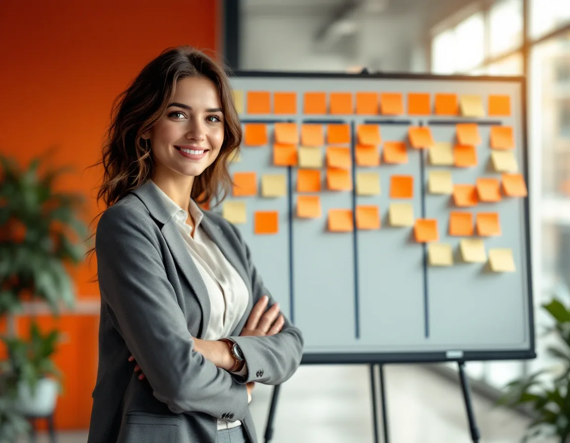 Scrum Master leading a sprint planning session with an agile team in front of a large sprint board with orange sticky notes