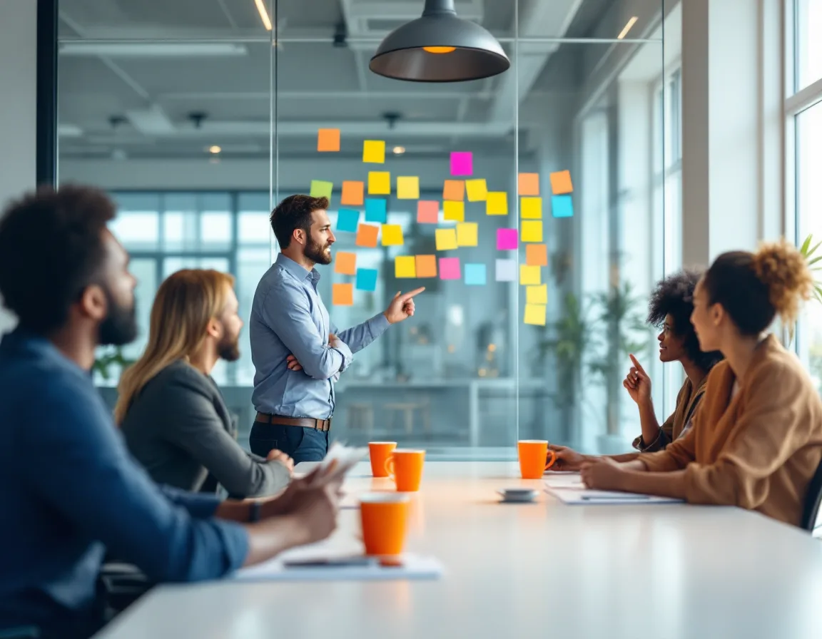 Scrum Master facilitating a sprint retrospective with a cross-functional team around a conference table with orange coffee cups and sticky notes on a glass wall
