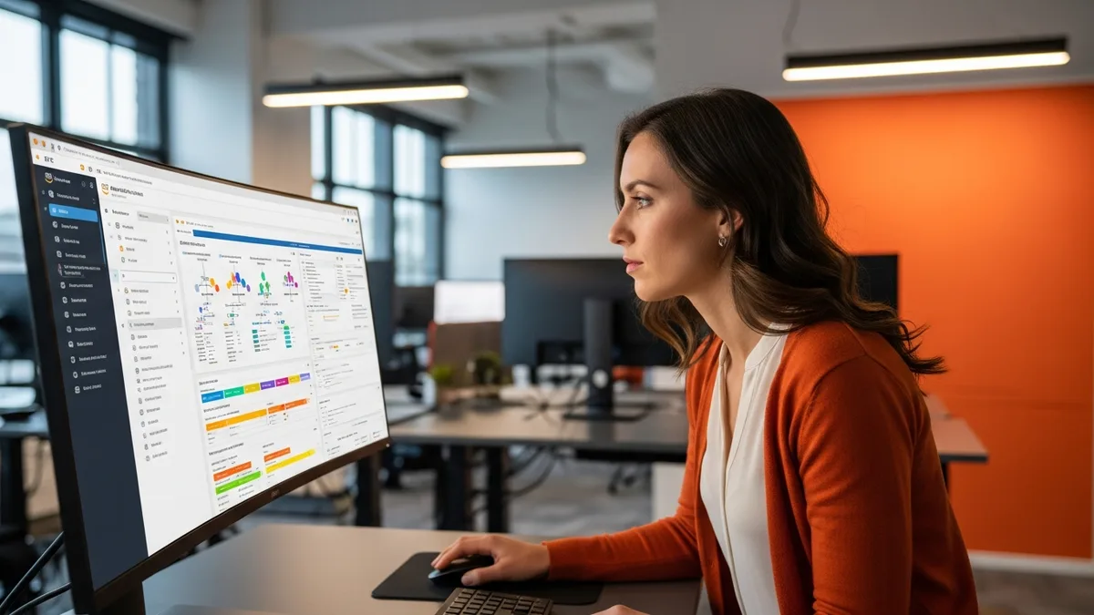Cloud security engineer analyzing IAM policies and compliance charts on an ultrawide monitor