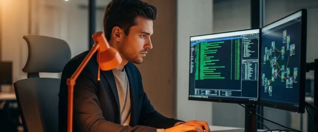 Security engineer reviewing security logs and network topology at a dual-monitor workstation