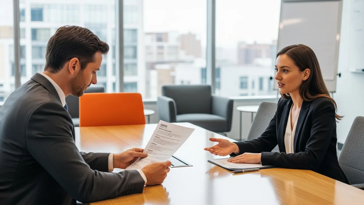 Hiring manager interviewing a cybersecurity engineer candidate in a modern conference room