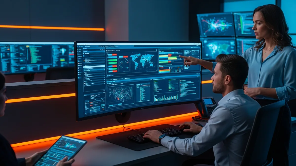 Cybersecurity team collaborating around a SIEM dashboard in a security operations center