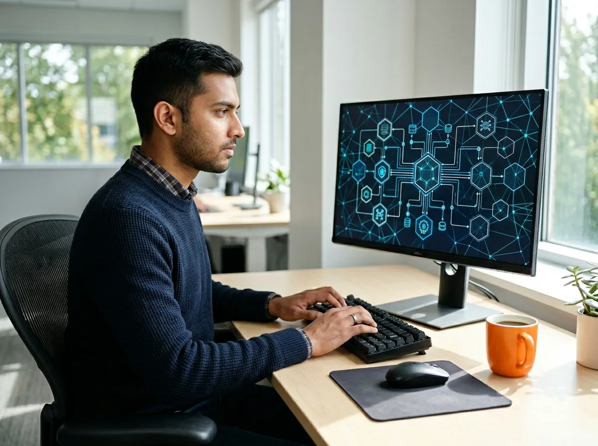 Cloud security engineer reviewing infrastructure architecture on screen, hired through KORE1