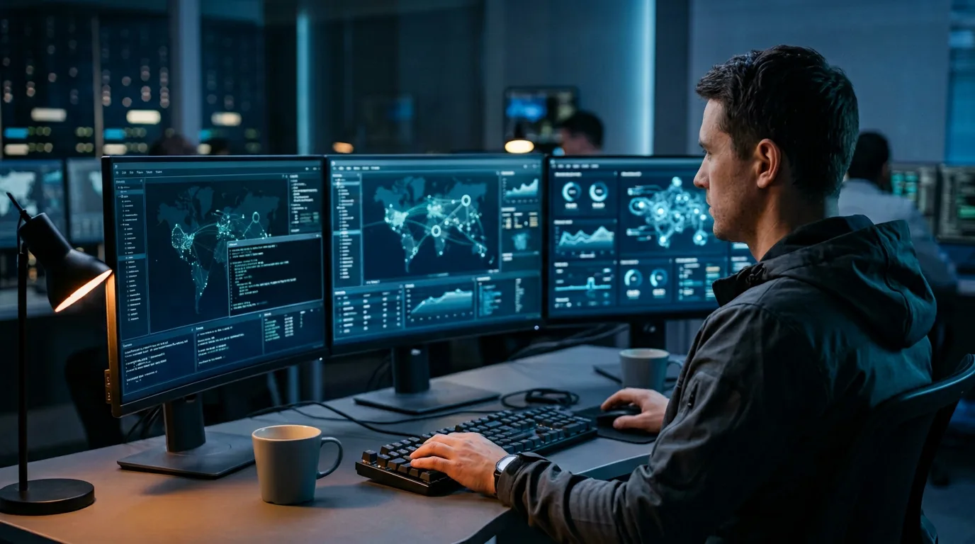 Security engineer at a multi-monitor security operations workstation, KORE1 cybersecurity staffing