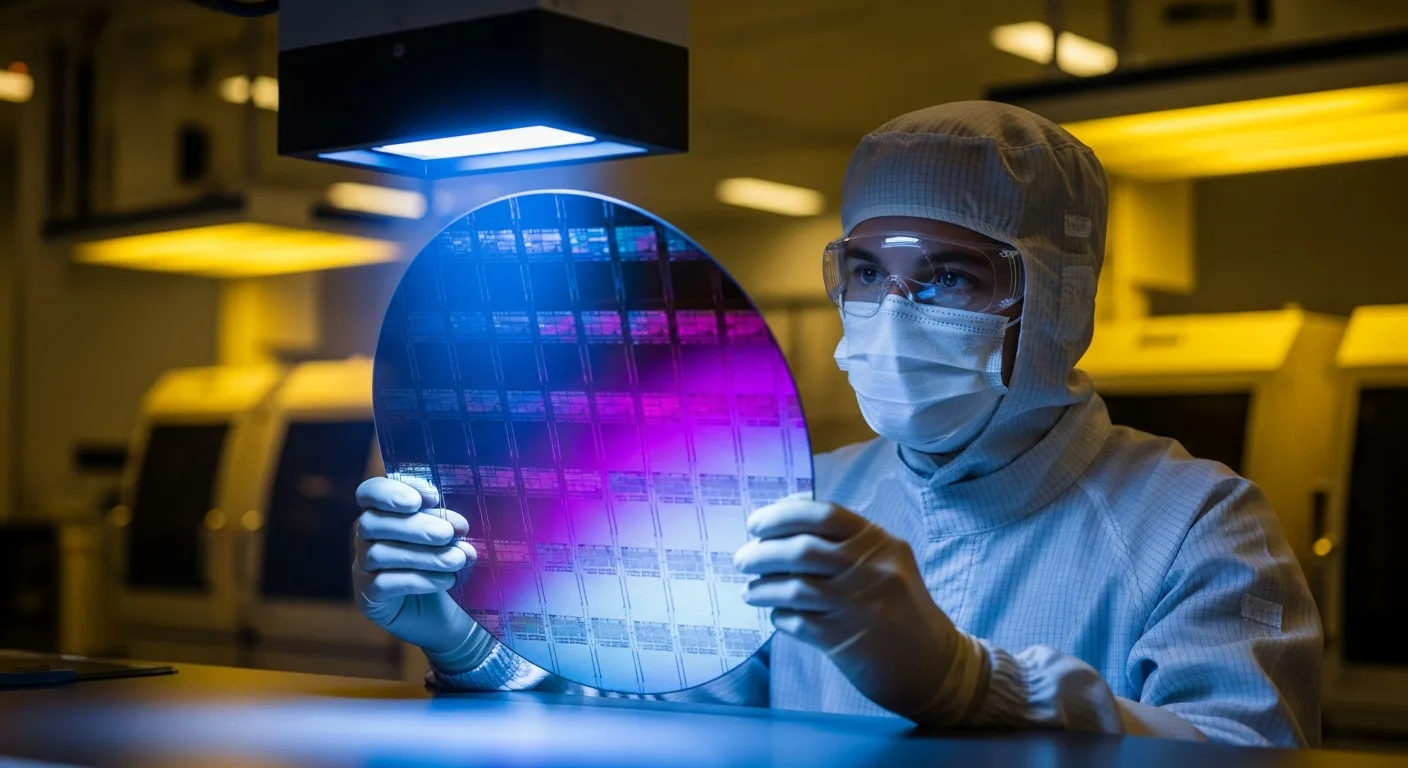 Semiconductor engineer in clean room gear inspecting silicon wafer under UV light in advanced fabrication facility