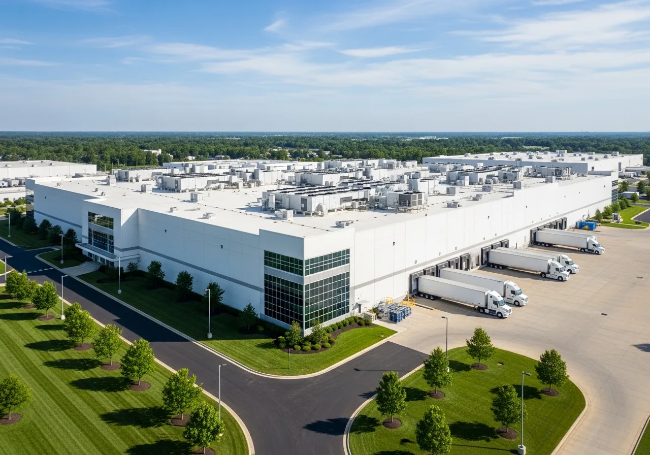 Aerial view of a modern semiconductor fabrication facility with clean room infrastructure and advanced manufacturing equipment