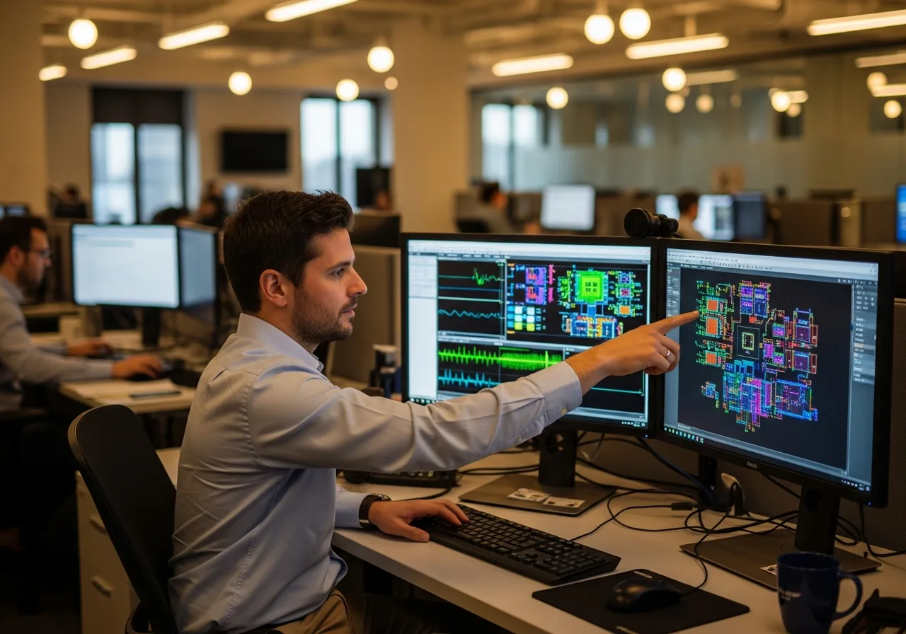 Semiconductor design engineer reviewing integrated circuit layouts on dual monitors with EDA software in a modern design center