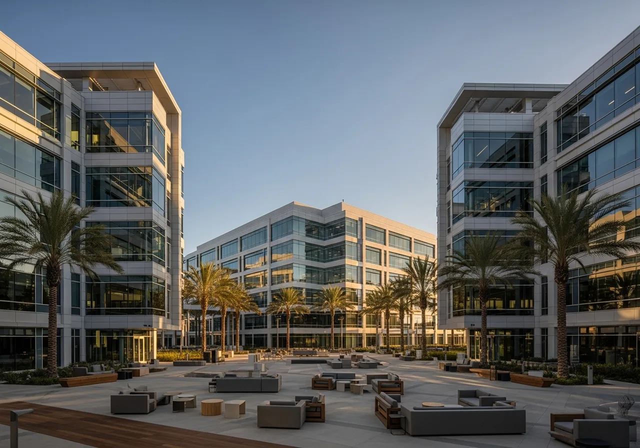 Modern technology campus in Southern California with palm trees and contemporary office buildings housing semiconductor design teams