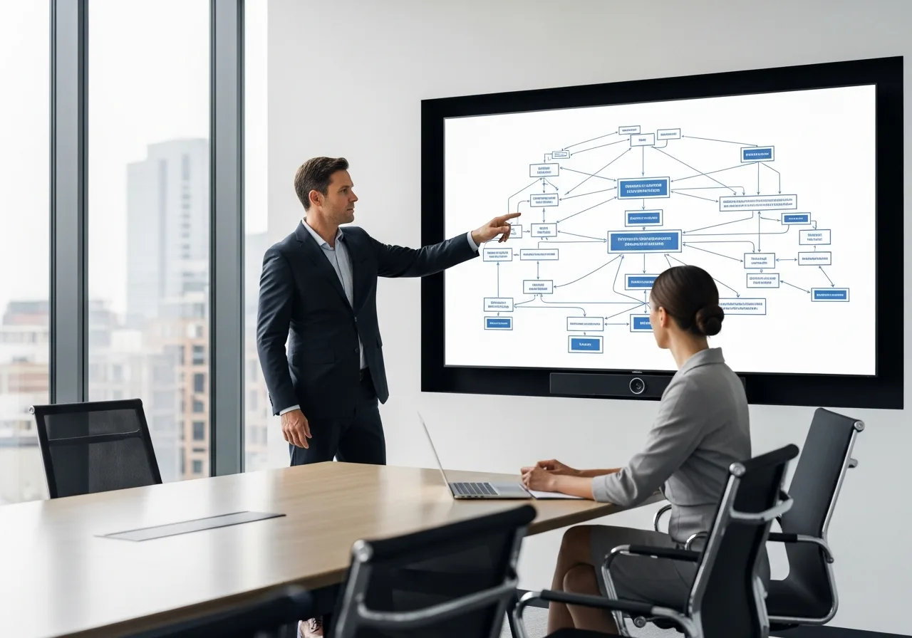 Enterprise IT solution architects reviewing ServiceNow system architecture diagram in a modern conference room