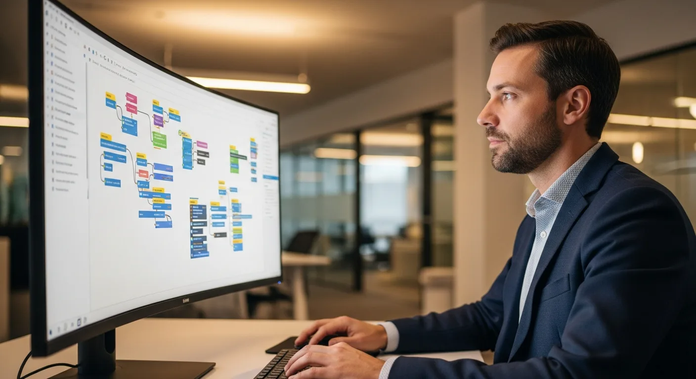 ServiceNow developer configuring an ITSM workflow automation dashboard on a large enterprise ultrawide monitor