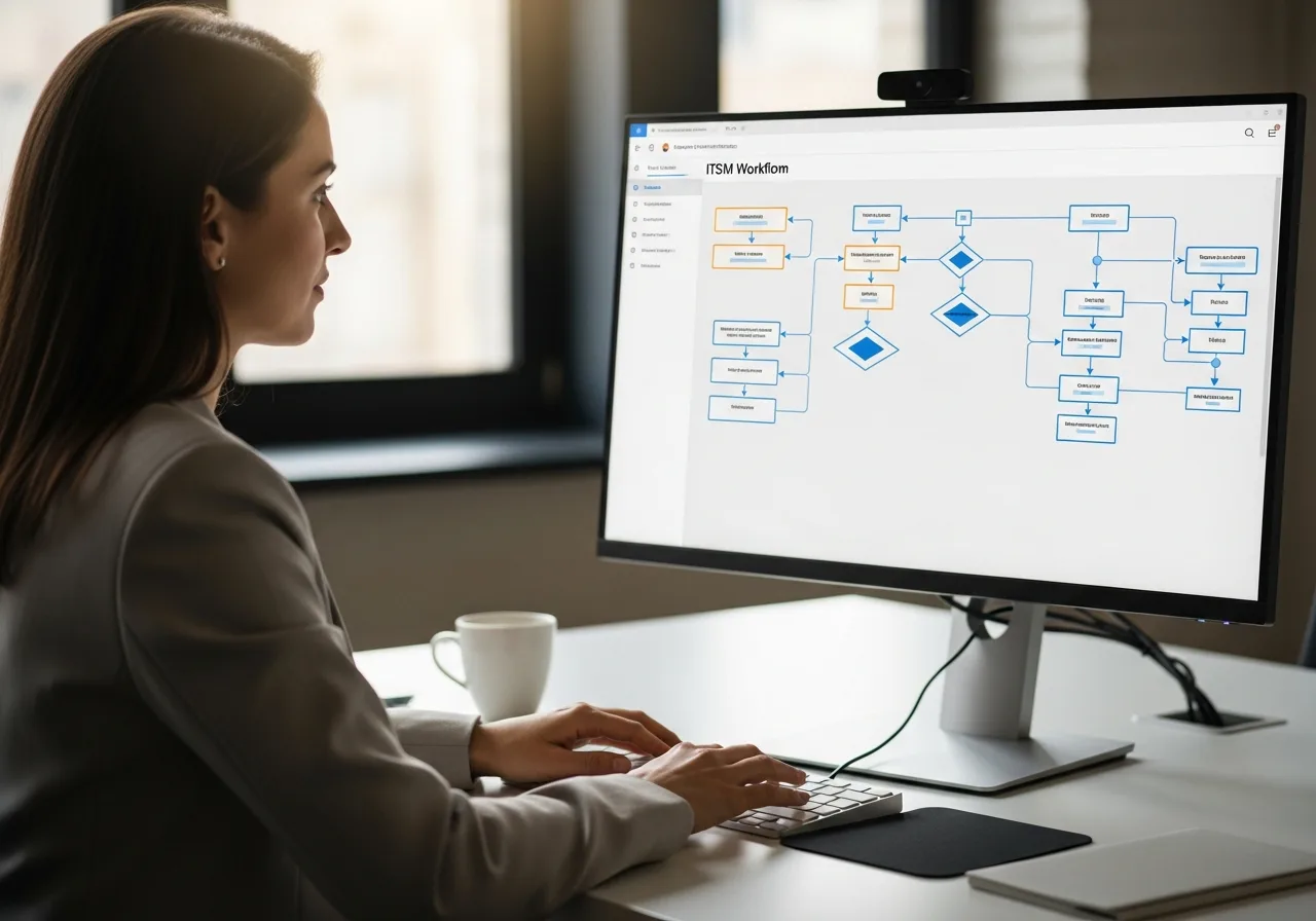 Software developer reviewing ServiceNow ITSM workflow configuration on a large 4K monitor in a modern office