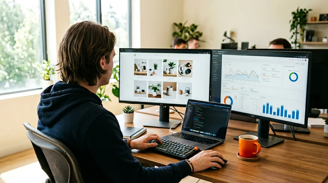 Shopify developer reviewing a storefront build and checkout analytics on two monitors in a bright workspace