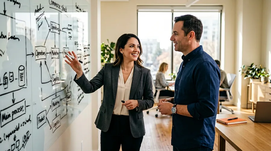 KORE1 recruiter walking a hiring manager through an ecommerce staffing plan at a whiteboard of Shopify stack diagrams