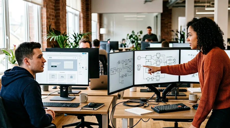 Two Shopify developers reviewing a Plus multi-store architecture diagram alongside a standard Liquid theme build