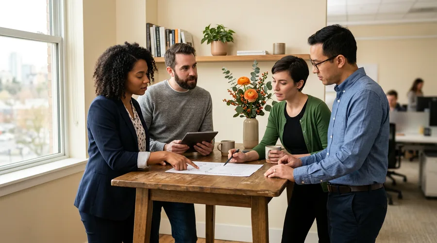 Cross-functional ecommerce team reviewing a Shopify launch readiness checklist with placement and retention numbers visible