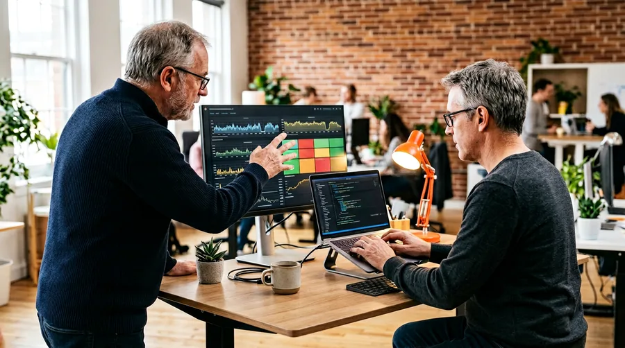 Senior Shopify Plus architect pair-programming on checkout optimization with Core Web Vitals dashboard visible on a second screen