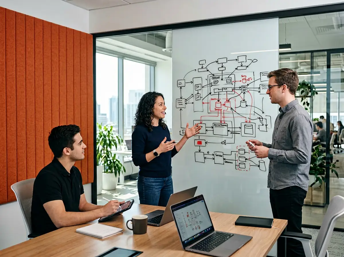 Infrastructure reliability team discussing architecture at KORE1 SRE staffing