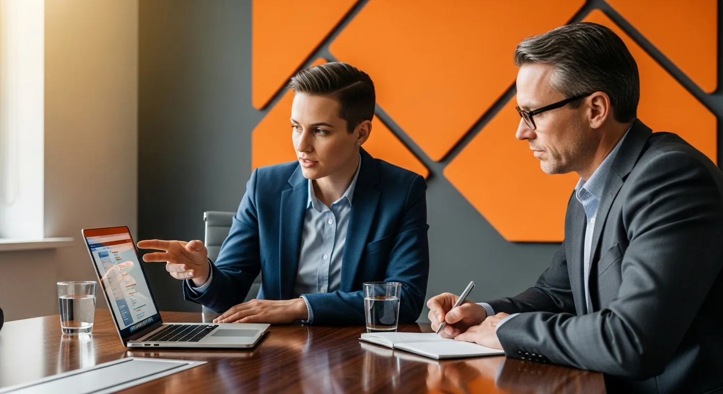 Job candidate demonstrating technical skills on a laptop during a competency-based interview with a hiring manager