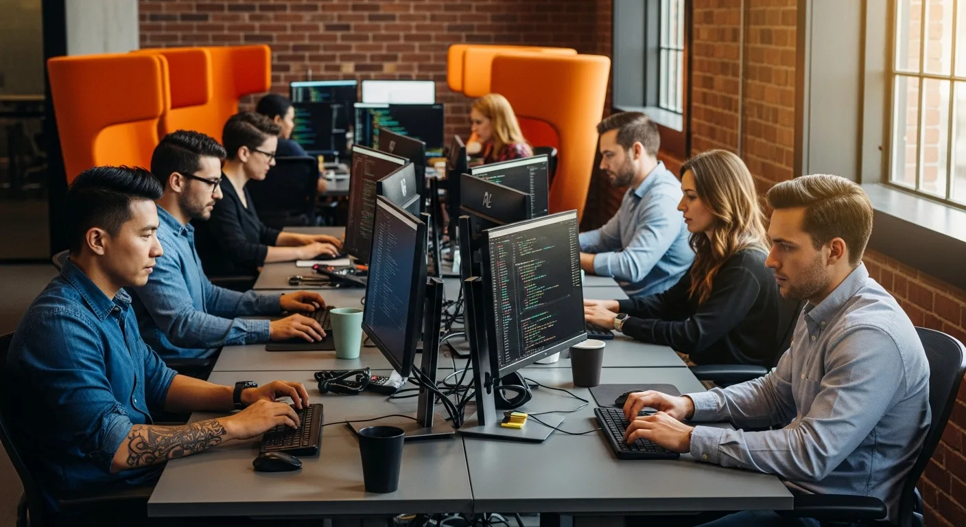 Diverse group of tech professionals at workstations in a modern office enabled by skills-based hiring practices
