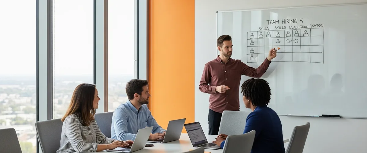 Hiring team using a skills evaluation competency matrix on a whiteboard for skills-based hiring