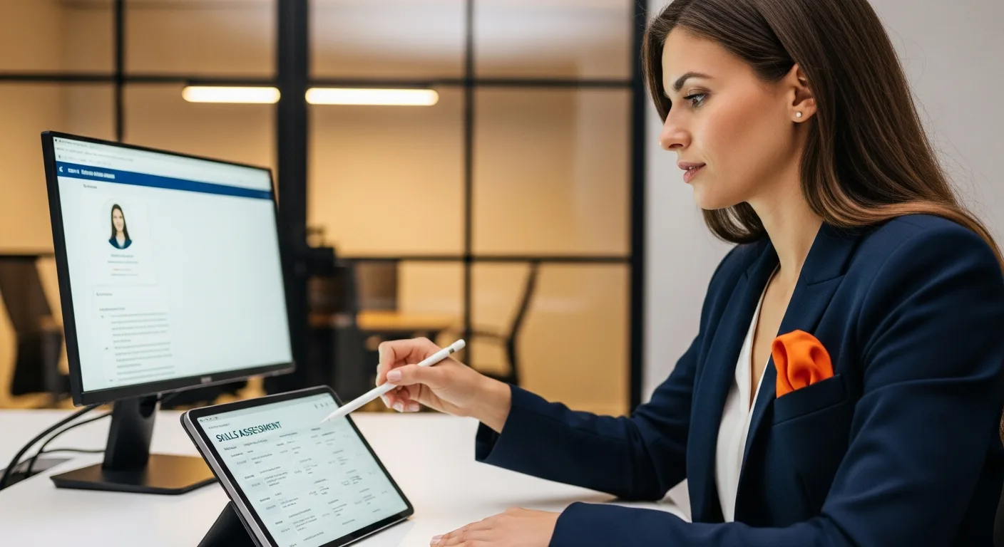 Recruiter reviewing a candidate skills assessment scorecard on a tablet during competency-based hiring process