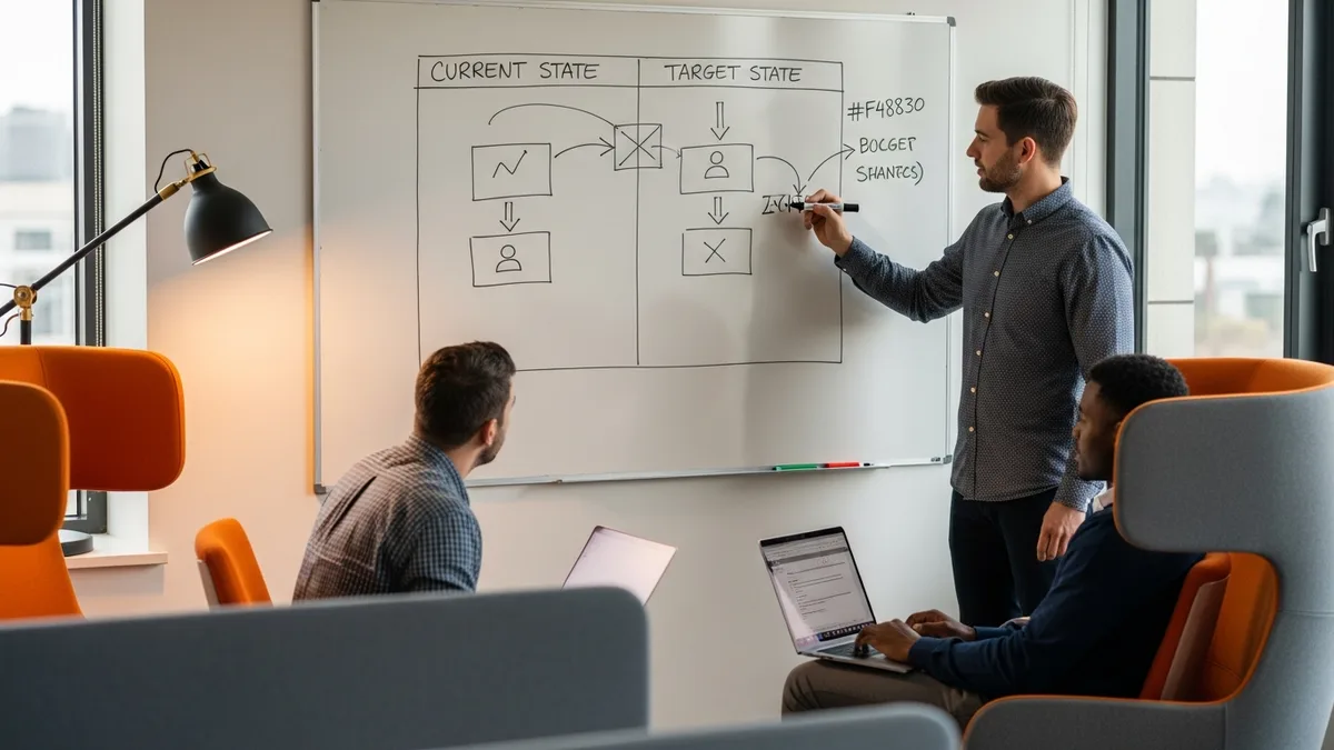 Engineering manager mapping current versus target team skills on a whiteboard during a skills gap analysis session
