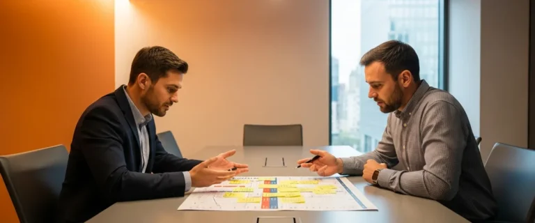 Hiring manager and team lead reviewing a printed skills gap analysis matrix during a workforce planning session