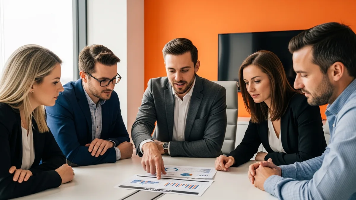 Company leadership team reviewing a workforce skills gap analysis report and discussing close-the-gap options