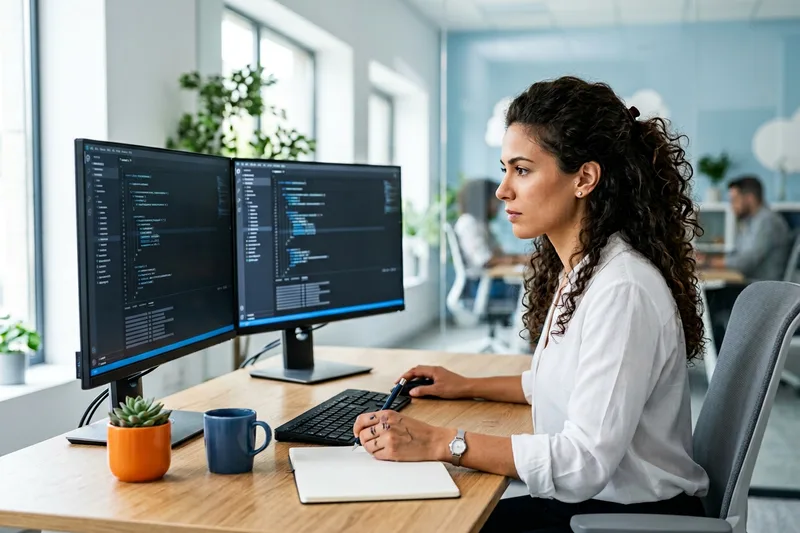 Snowflake data engineer reviewing dbt models and Snowpark code on dual monitors