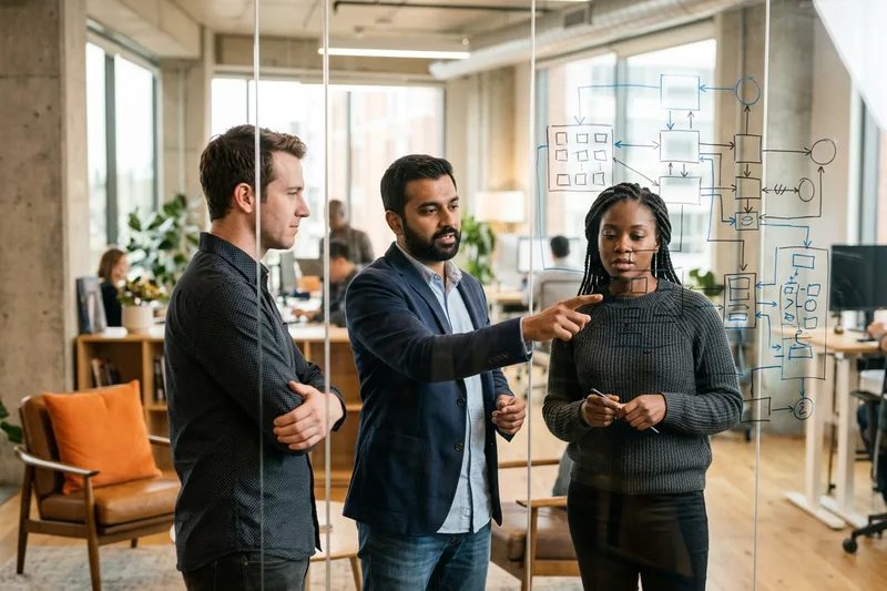 Data team planning Snowflake migration from legacy warehouse, architecture diagrams on wall