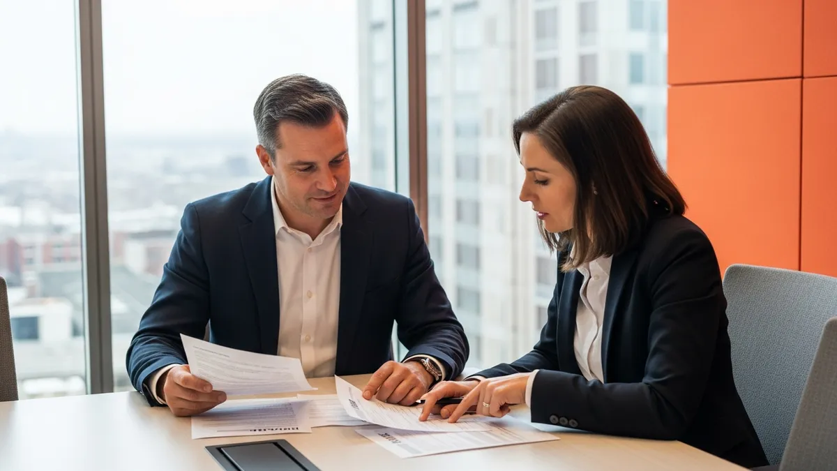 IT recruiter reviewing SOC analyst resumes and job descriptions with a cybersecurity team manager in a modern tech office