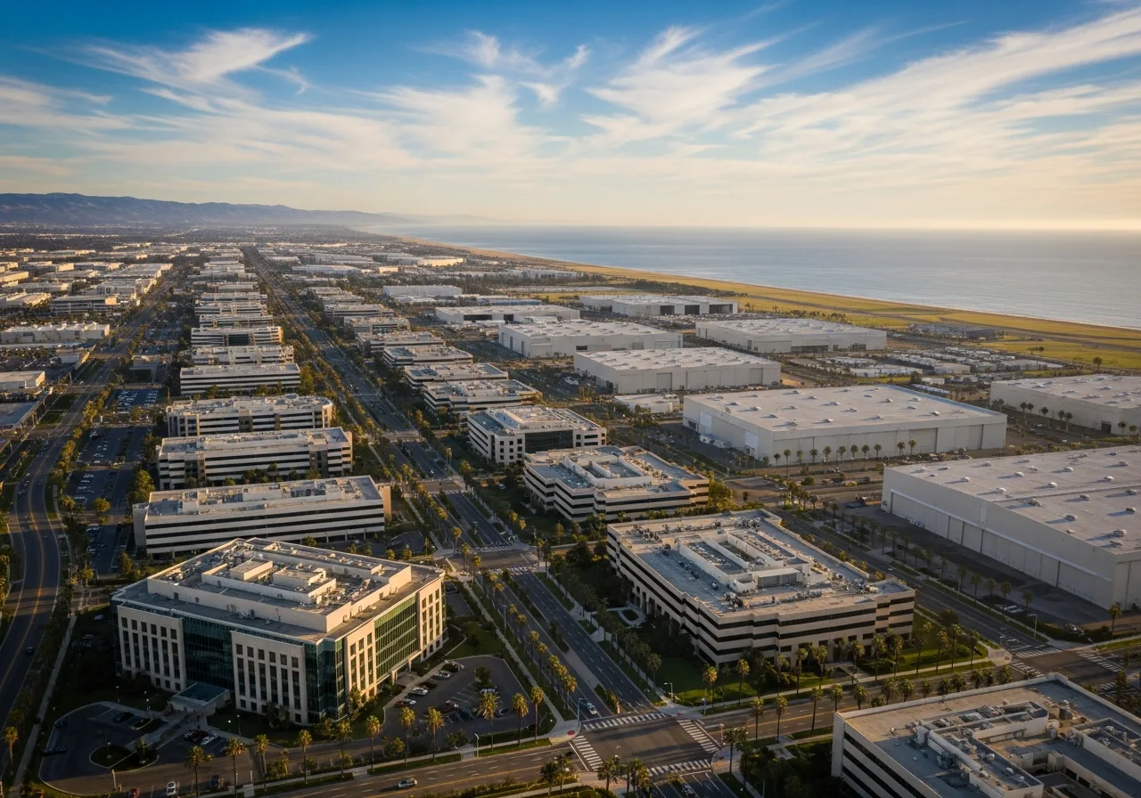 Aerial view of the Southern California aerospace corridor at golden hour