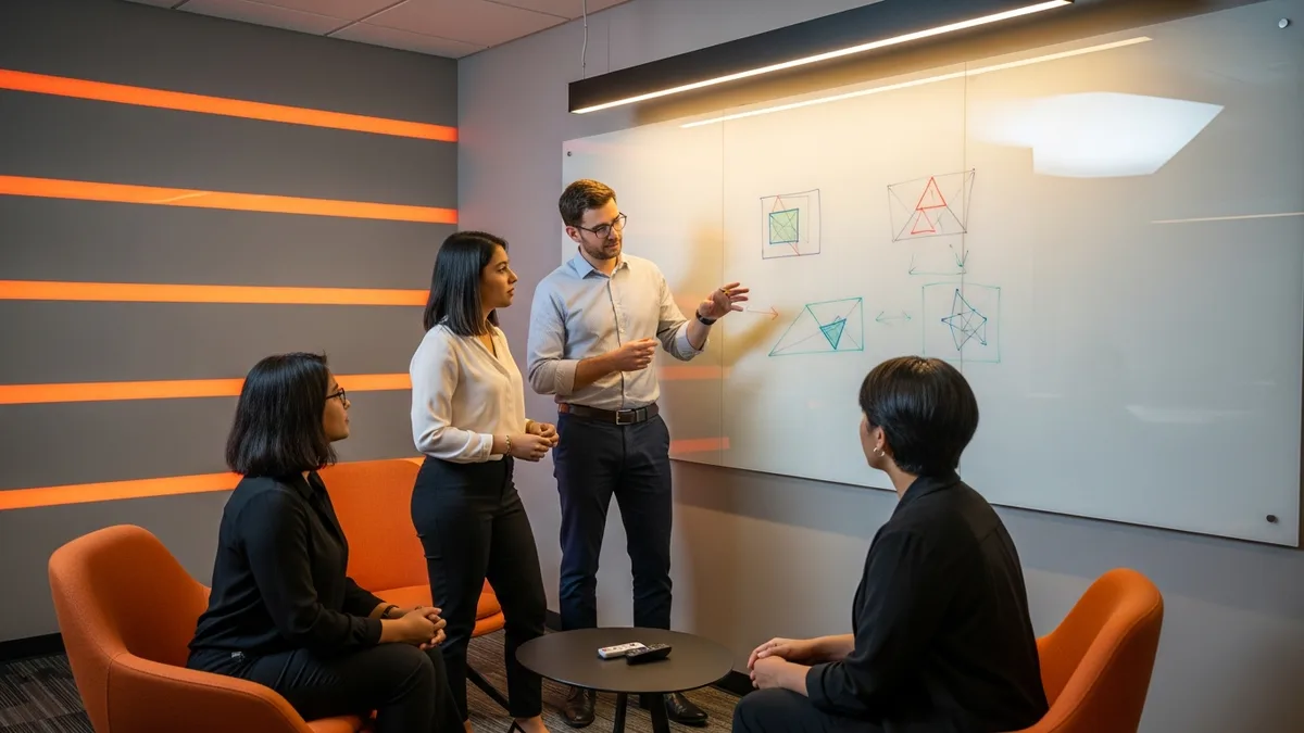 Diverse software engineering team in standup meeting discussing technical architecture in modern office