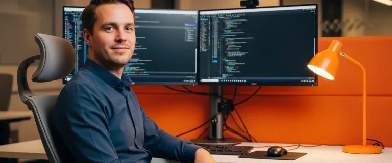 Software engineer at modern workstation with dual monitors showing IDE, orange accent workspace