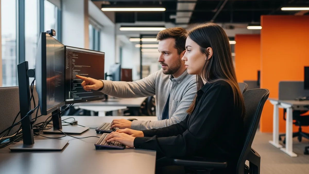 Two software engineers pair programming at workstation, reviewing code together in modern tech office