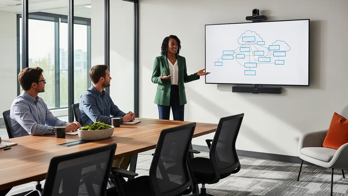 Senior solutions architect presenting a cloud architecture diagram to stakeholders