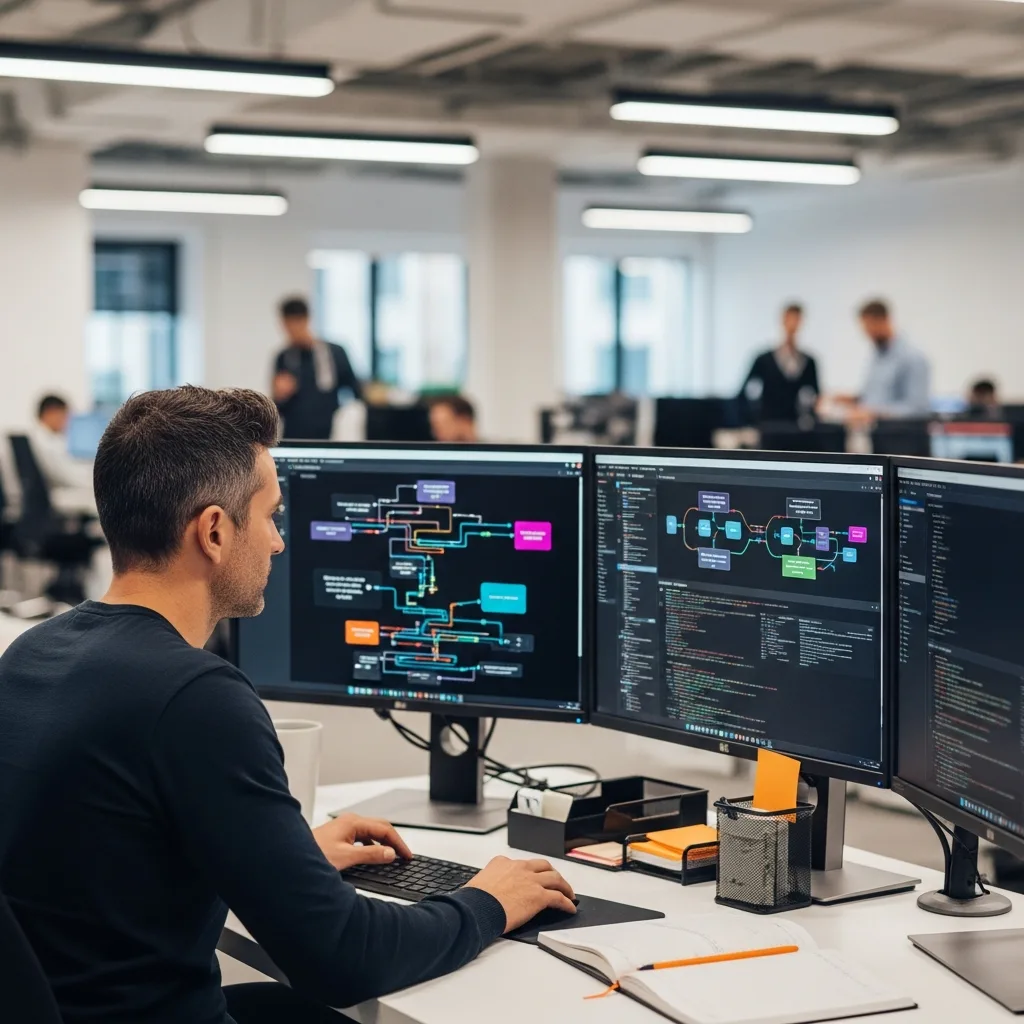 Solutions architect working through an API integration strategy on multiple monitors