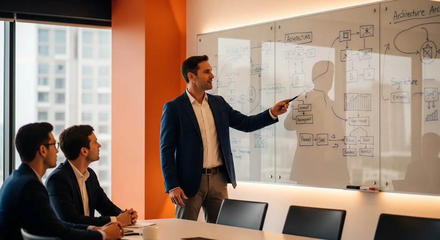 Solutions architect leading a system design review with enterprise stakeholders at a whiteboard