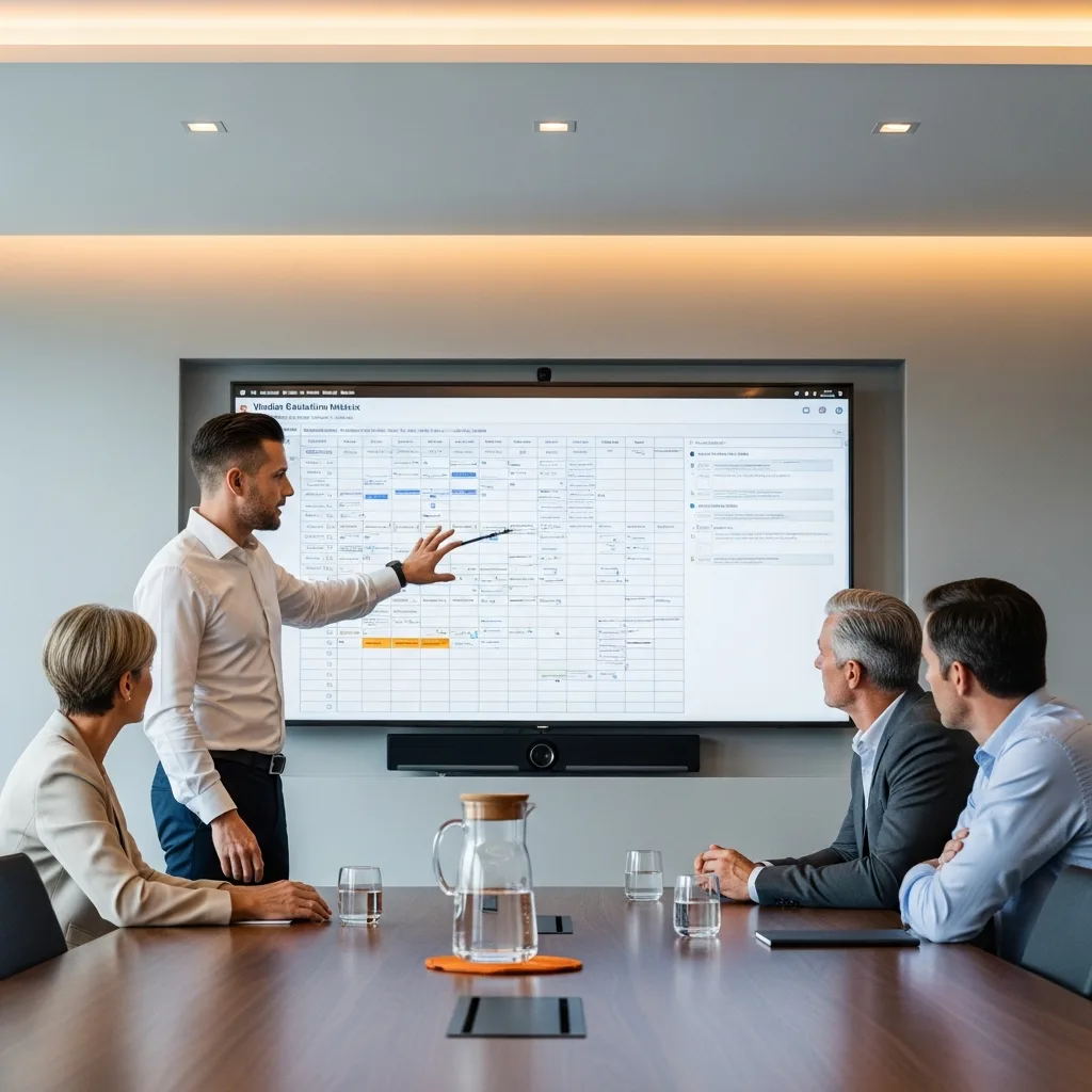 Enterprise solutions architect presenting a vendor evaluation matrix to C-suite leadership