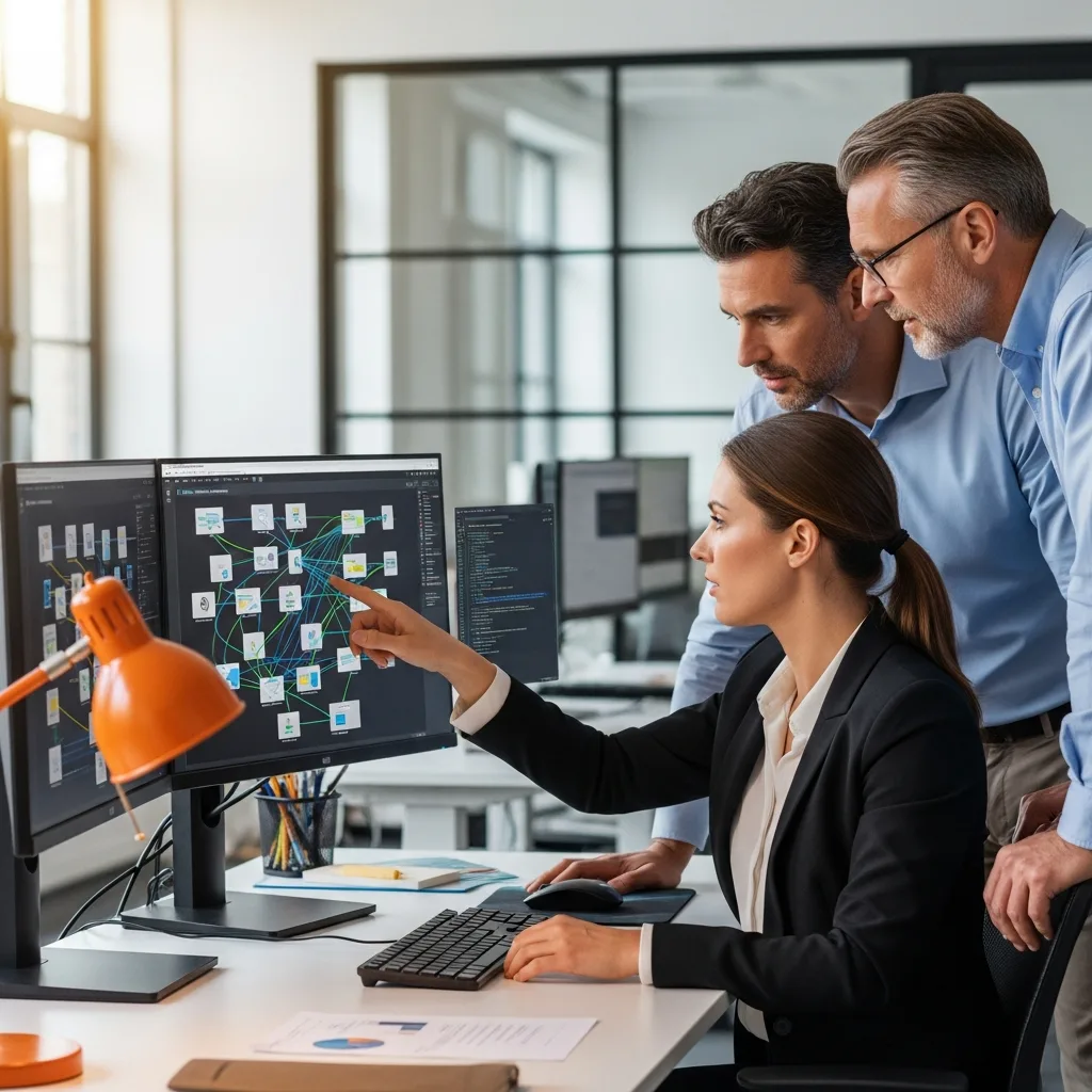 Solutions architect reviewing a multi-system integration diagram with engineering and product leads