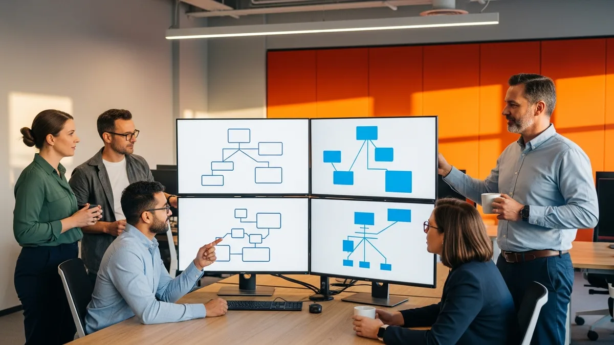 Solutions architect team collaborating around multiple monitors showing system architecture diagrams