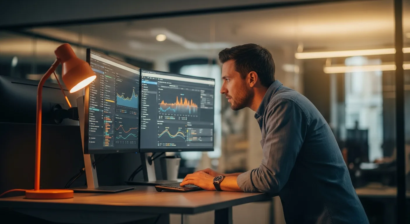 Site reliability engineer reviewing real-time monitoring dashboards showing latency and error rate metrics