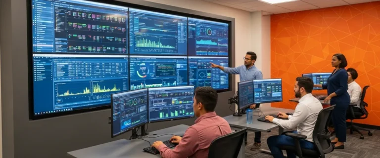 Site reliability engineering team monitoring infrastructure health in modern operations center