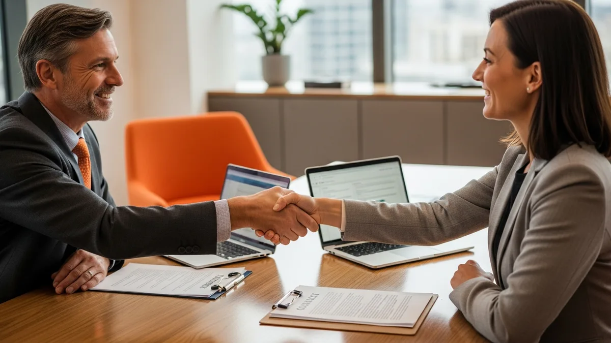 Hiring manager and staffing partner shaking hands to finalize a staff augmentation engagement