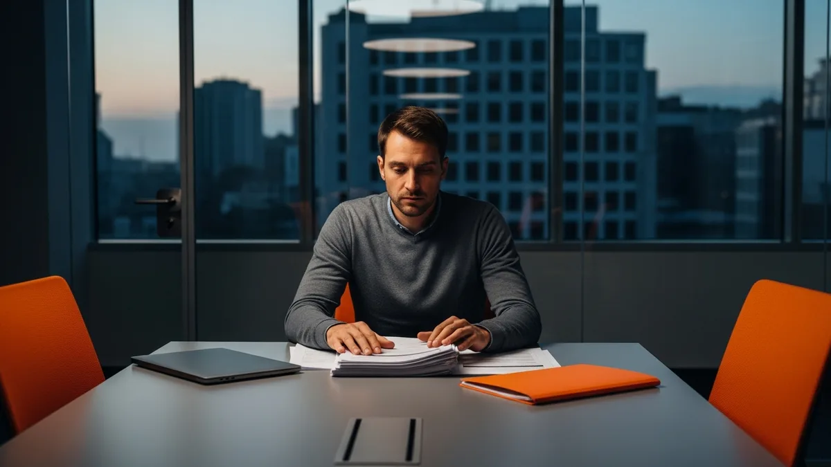 Software engineer reviewing handoff documentation after an outsourcing engagement ends